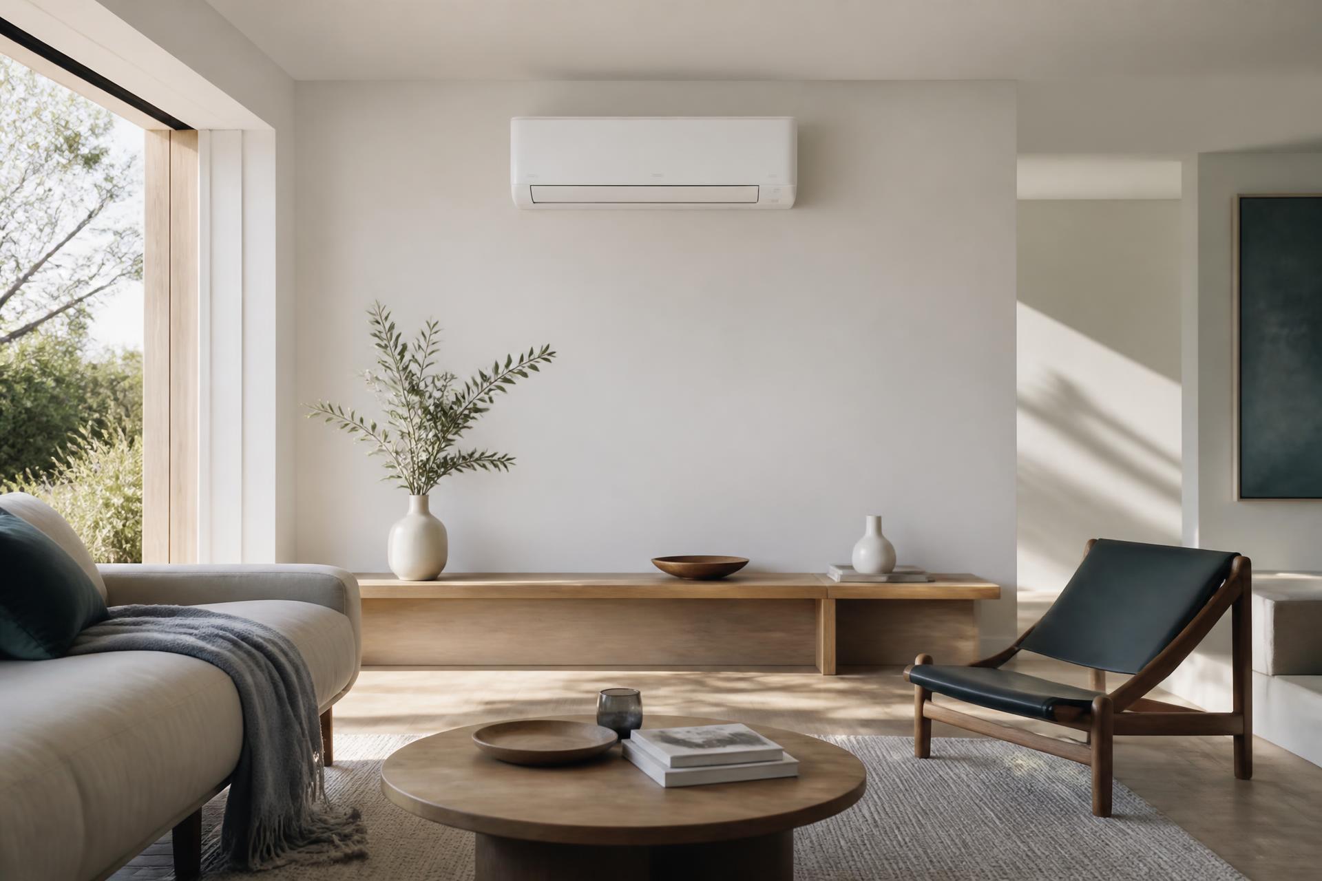 Wall-mounted split system air conditioner above a timber console in a sunlit Perth living room